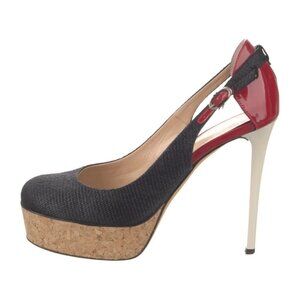 Giuseppe Zanotti Black Canvas Patent Leather Cork Platform Slingback Pumps